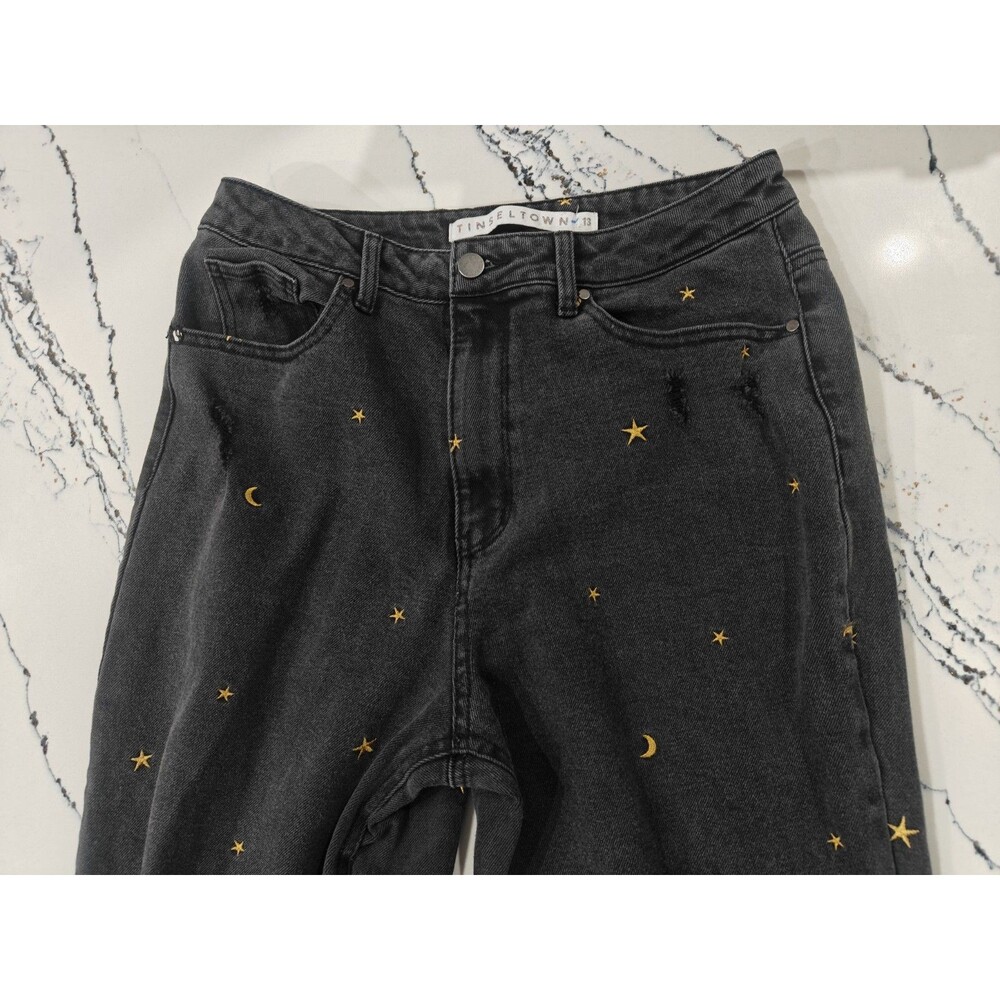 Tinseltown High Rise Jeans Womens Size 13 / 14 Black Denim Gold Stars & Moons